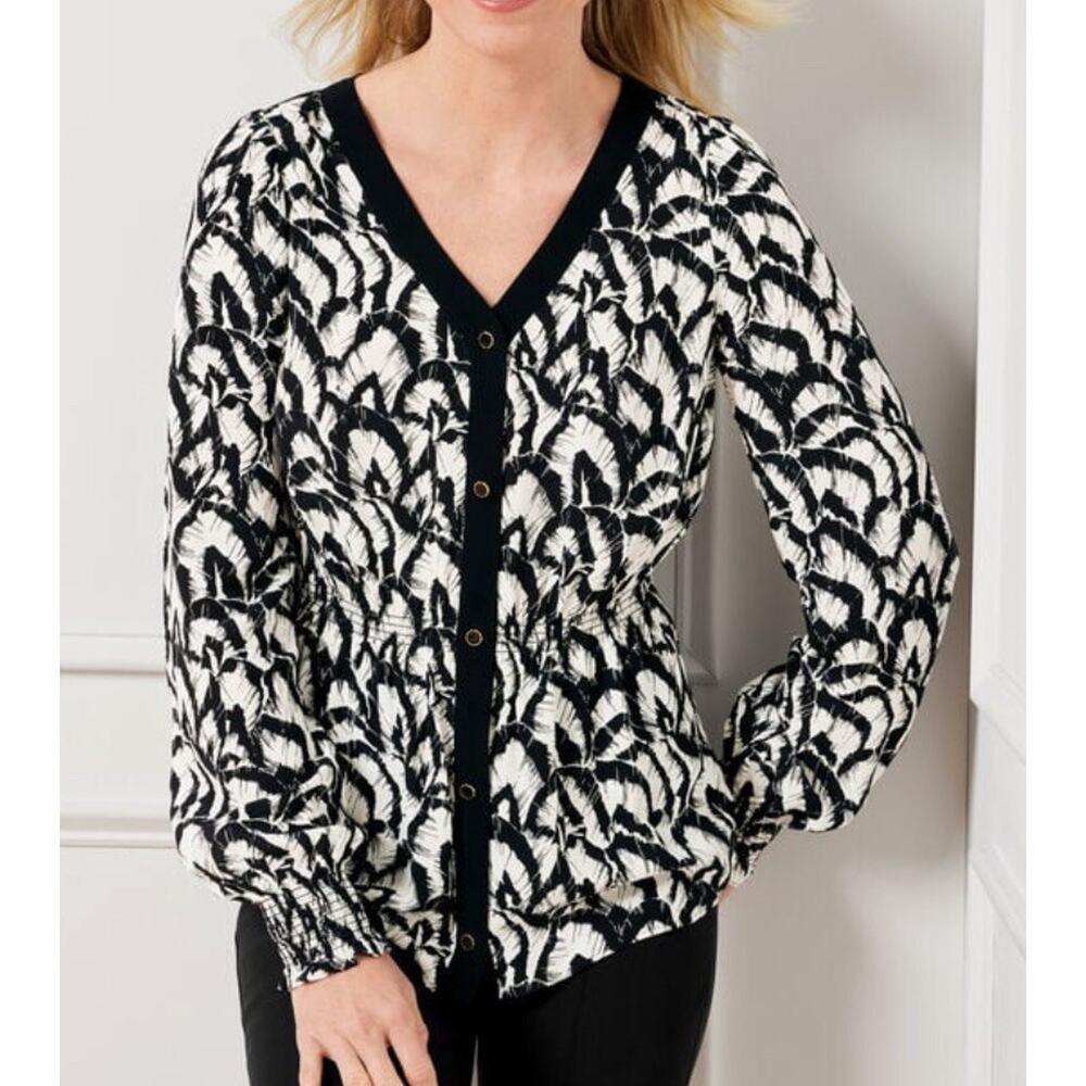Talbots Smocked Feather Print Top Size Large Black And White Button Up V-Neck